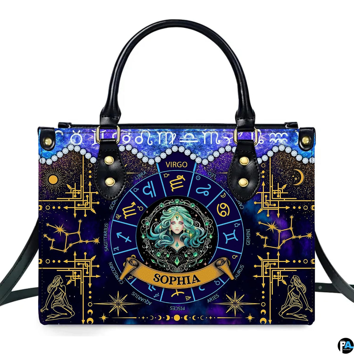 Front studio view of Celestial Maiden Satchel Handbag on clean white background.