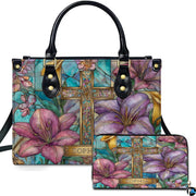 Custom Stained Glass Lilies Cross Handbag for Christian Women Gift