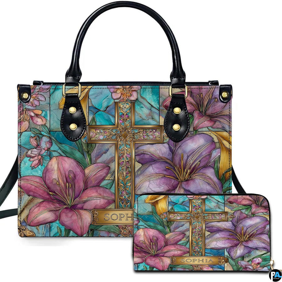 Custom Stained Glass Lilies Cross Handbag for Christian Women Gift