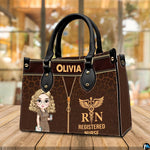 Chibi blonde nurse leopard handbag shown on wooden tabletop with cafe background lighting.