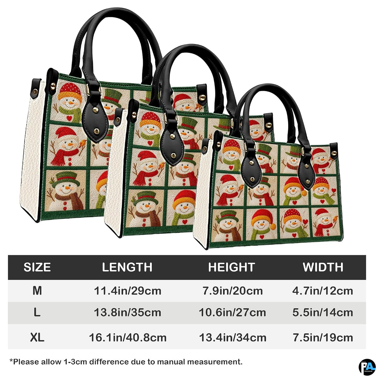 Size reference guide showing medium, large, and extra-large snowman handbag dimensions and proportions.