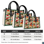 Size reference guide showing medium, large, and extra-large snowman handbag dimensions and proportions.