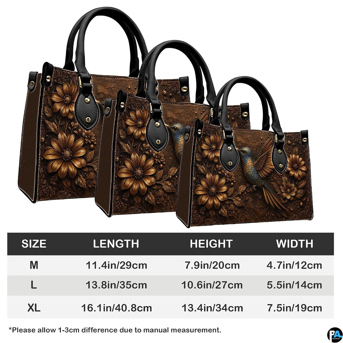 Rear view of bronze botanical handbag showing structured paneling on clean white background.