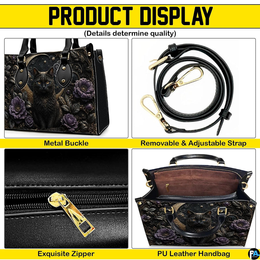 Four panel graphic illustrating dimensional closeups of golden botanical flourishes and cat motifs.