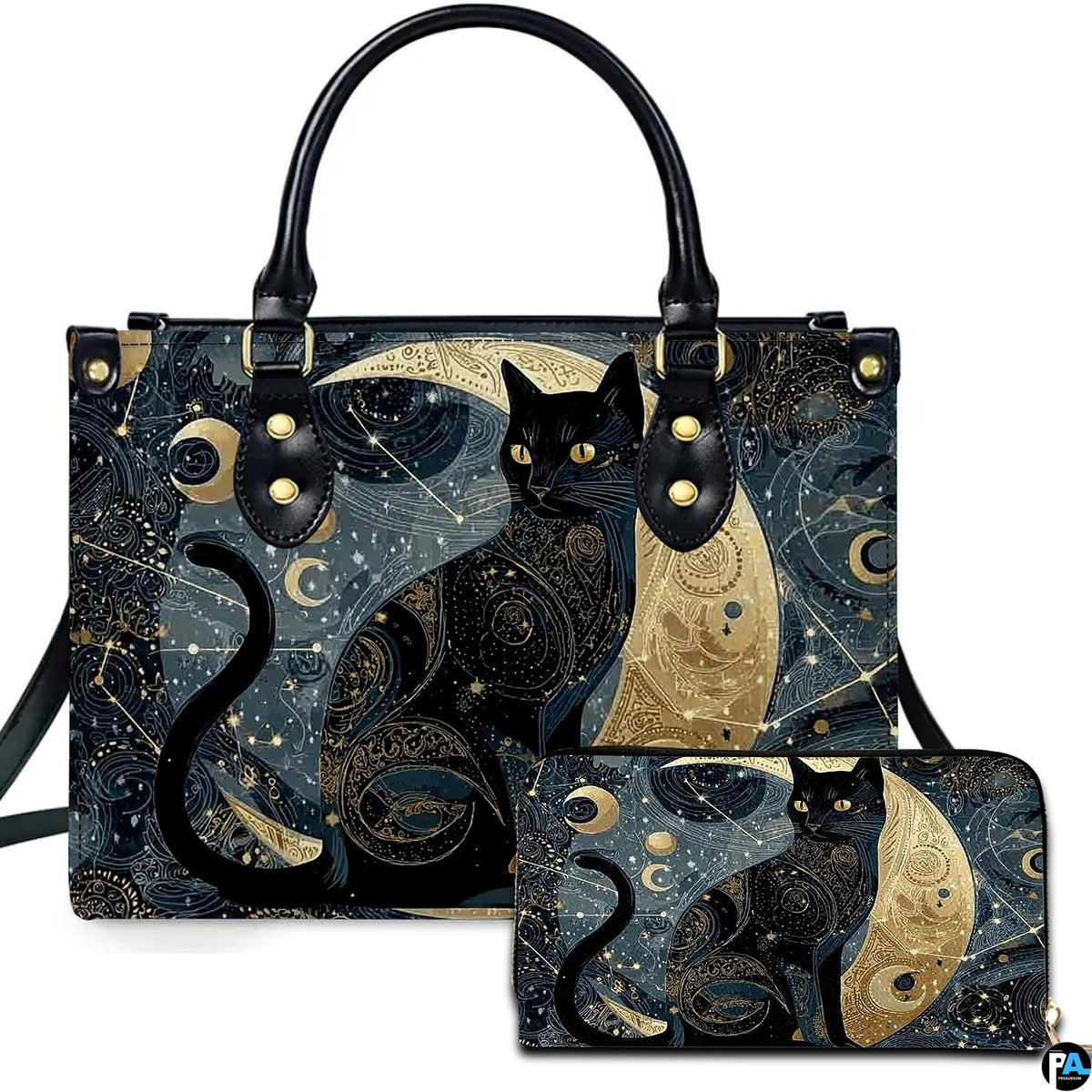 Black Cat Leather Bag – Vintage Cat Art Handbag, Stylish Animal-Themed Purse, Unique Gift for Cat Lovers