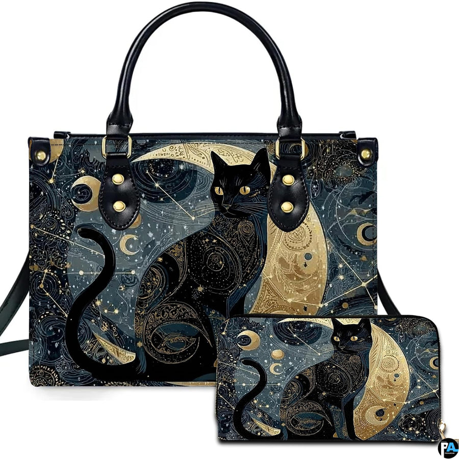 Black Cat Leather Bag – Vintage Cat Art Handbag, Stylish Animal-Themed Purse, Unique Gift for Cat Lovers