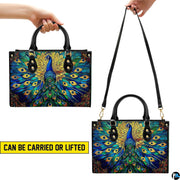 Peacock handbag shown in multiple carrying styles