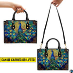 Peacock handbag shown in multiple carrying styles