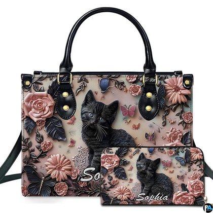 Black kitten blush rose relief handbag and matching wallet set