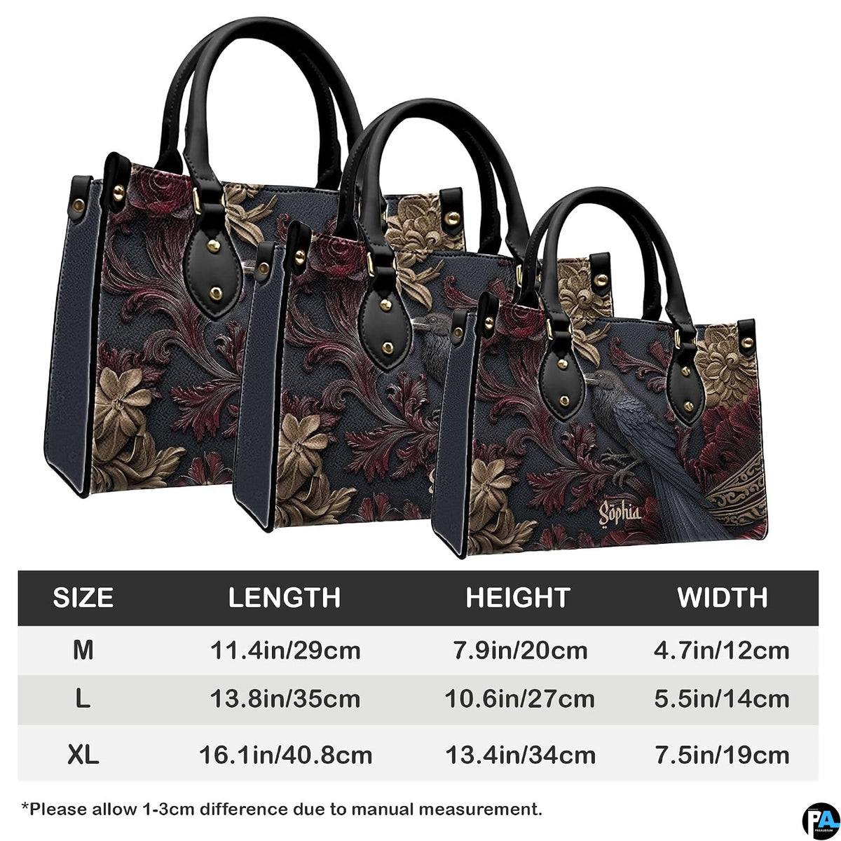 Gothic baroque raven floral handbag shown alone on white background.