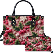 Pink holiday pattern artwork with green holly leaves, magenta berries, and white snowflakes