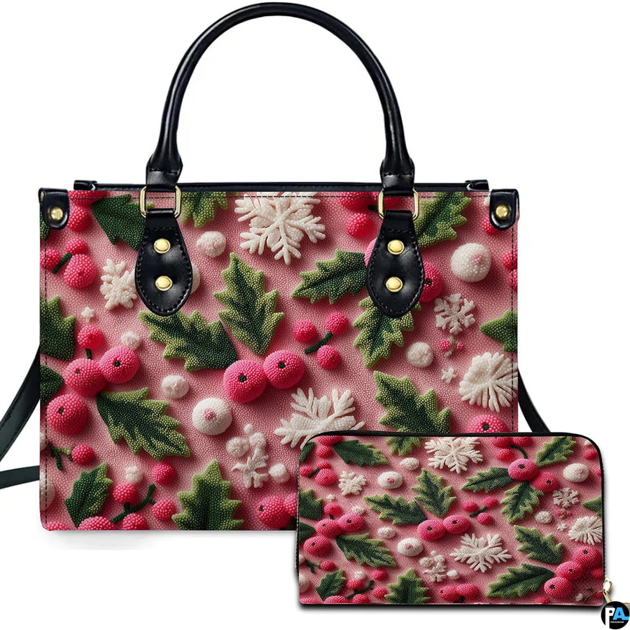 Pink holiday pattern artwork with green holly leaves, magenta berries, and white snowflakes