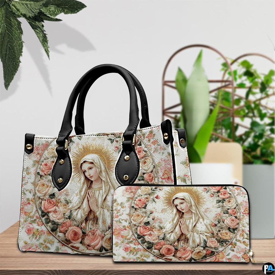 Devotional handbag and wallet set arranged on tabletop with dried florals