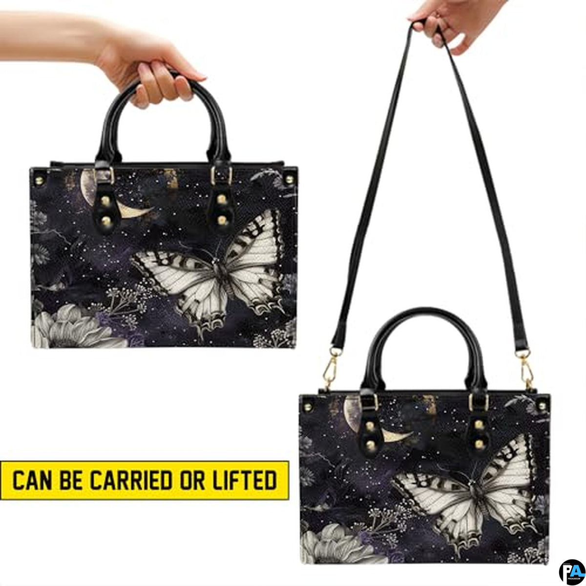 Personalized Butterfly Leather Handbag – Gothic Moon Bag with Adjustable Strap and Matching Witchcore Purse for Women