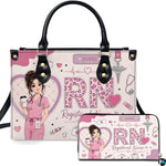 Front view of pink registered nurse rn art showing illustrated nurse character and leopard lettering.
