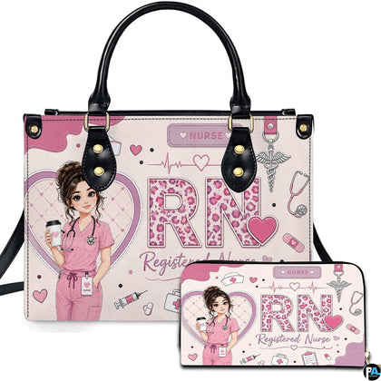 Front view of pink registered nurse rn art showing illustrated nurse character and leopard lettering.