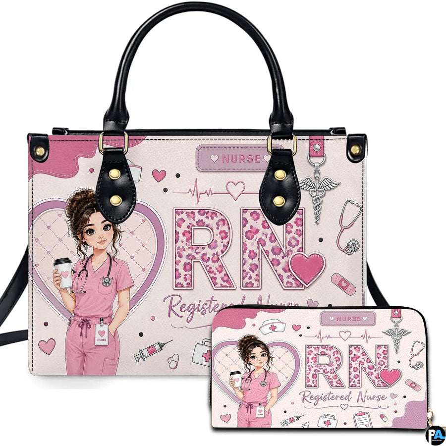 Front view of pink registered nurse rn art showing illustrated nurse character and leopard lettering.