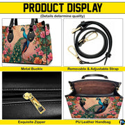 Peacock floral handbag feature collage with strap, zipper and interior views