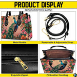 Peacock floral handbag feature collage with strap, zipper and interior views