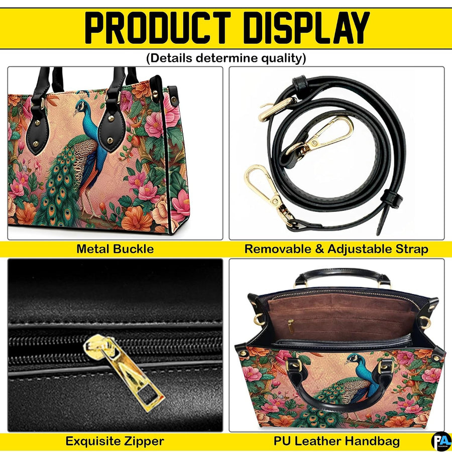 Peacock floral handbag feature collage with strap, zipper and interior views