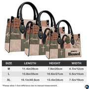 Angled perspective view of boho portrait handbag highlighting collage layout and earthy tones.