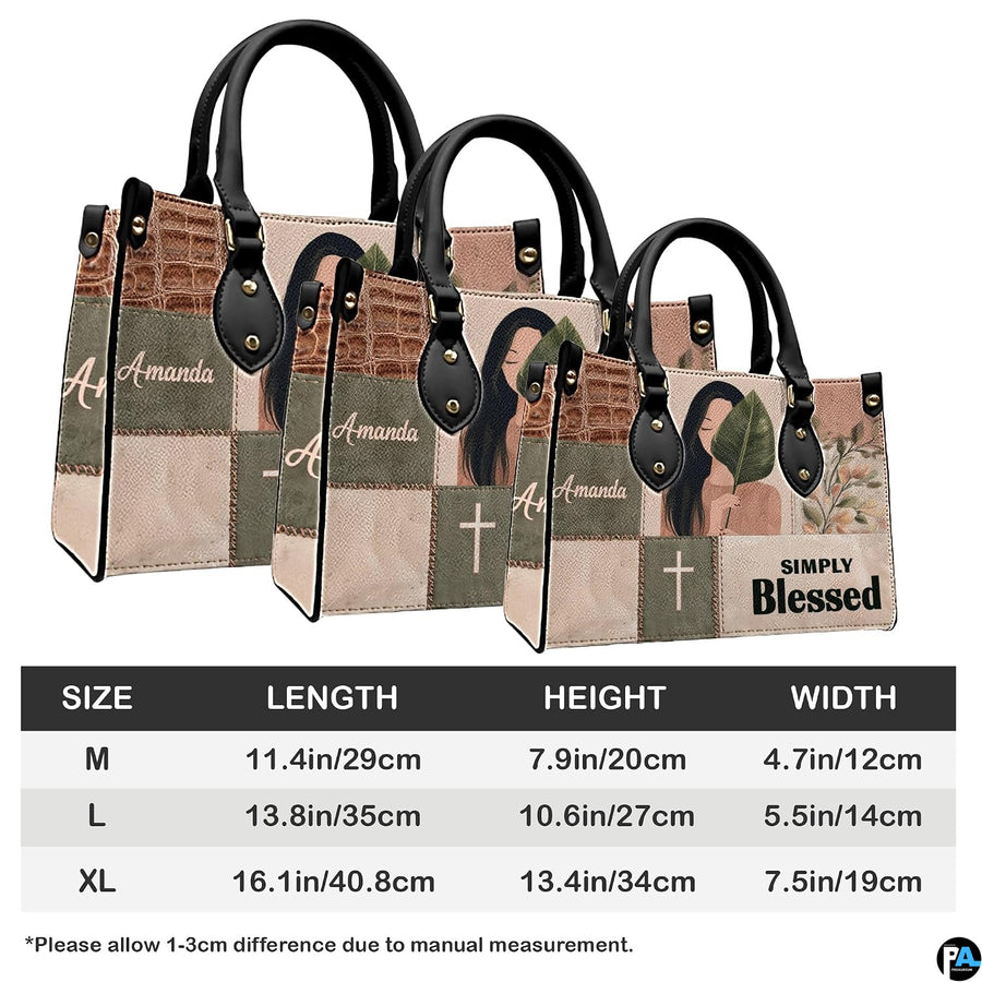 Angled perspective view of boho portrait handbag highlighting collage layout and earthy tones.