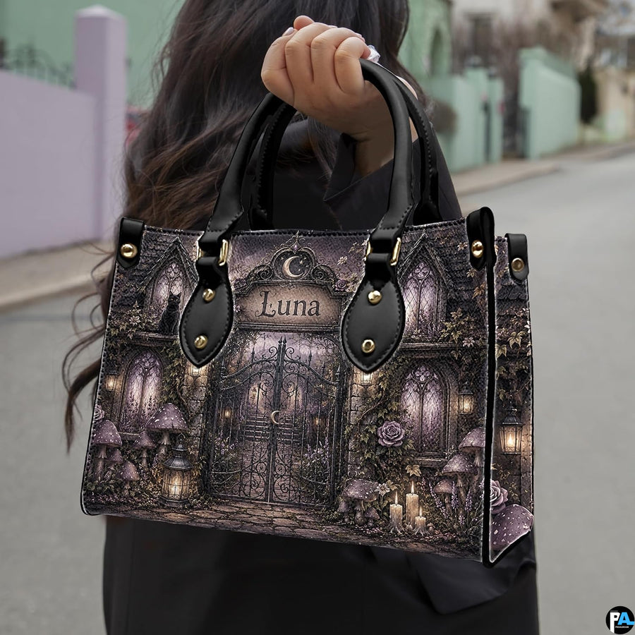 Lifestyle street perspective showing a model holding the gothic gate art accessory outdoors.