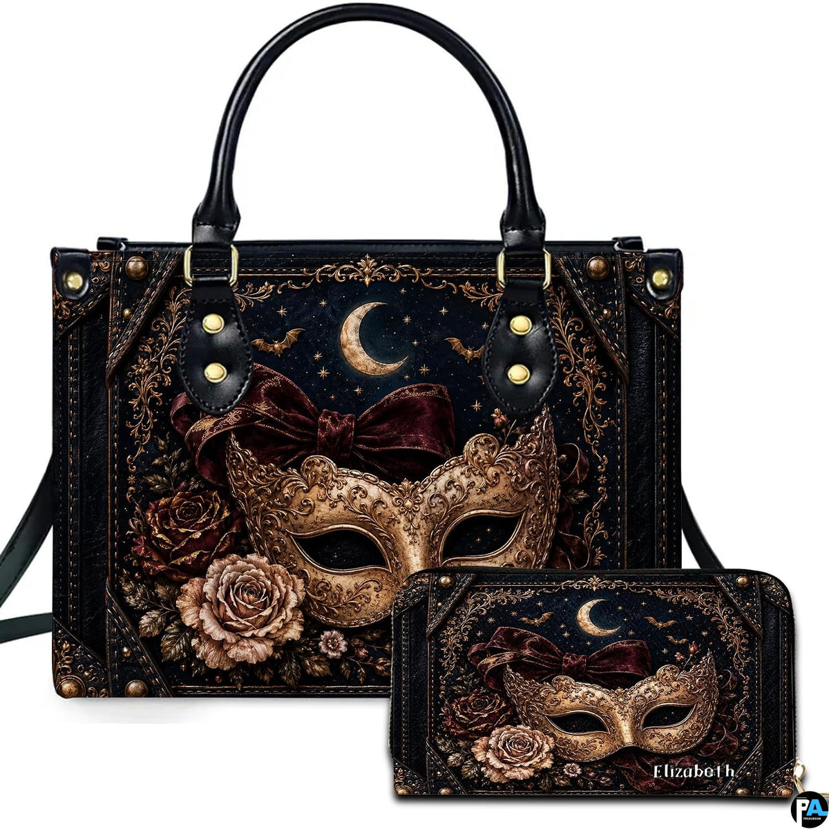 Masquerade mask art portraying an ornate Venetian disguise presented across an accessory pairing.