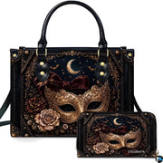 Masquerade mask art portraying an ornate Venetian disguise presented across an accessory pairing.