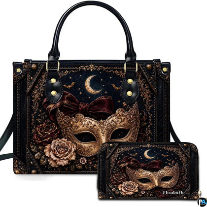 Masquerade mask art portraying an ornate Venetian disguise presented across an accessory pairing.