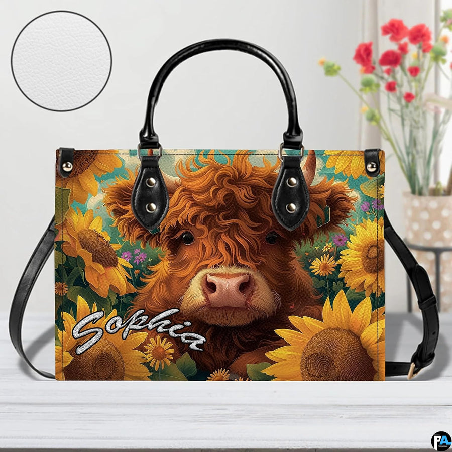 Studio front view of curly calf sunflower design on white surface with circular inset