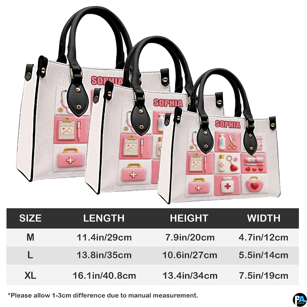 Rear perspective view showing structured exterior back panel of the handbag.