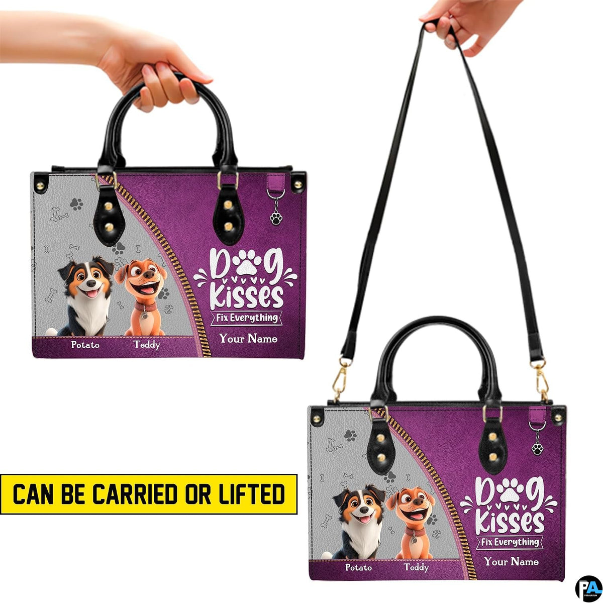 Close-up front view of animated dogs and diagonal color-block artwork on structured tote handbag