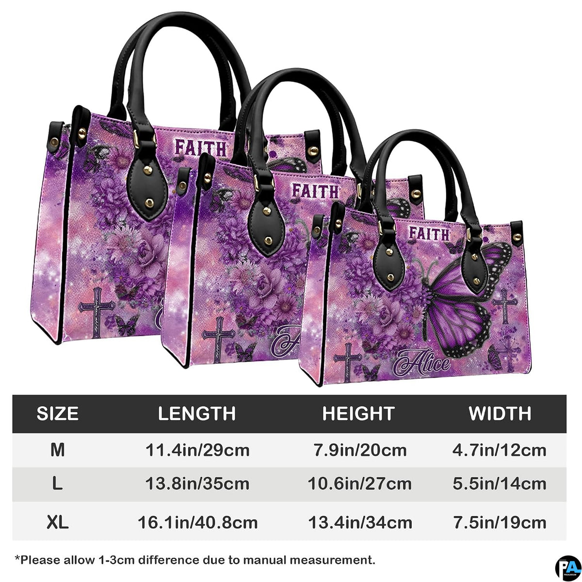 Top-down view of purple floral butterfly cross handbag showing dual carrying handles.