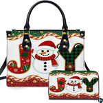 Dual display showing festive snowman artwork, buffalo check plaid, and sparkling ribbon borders.