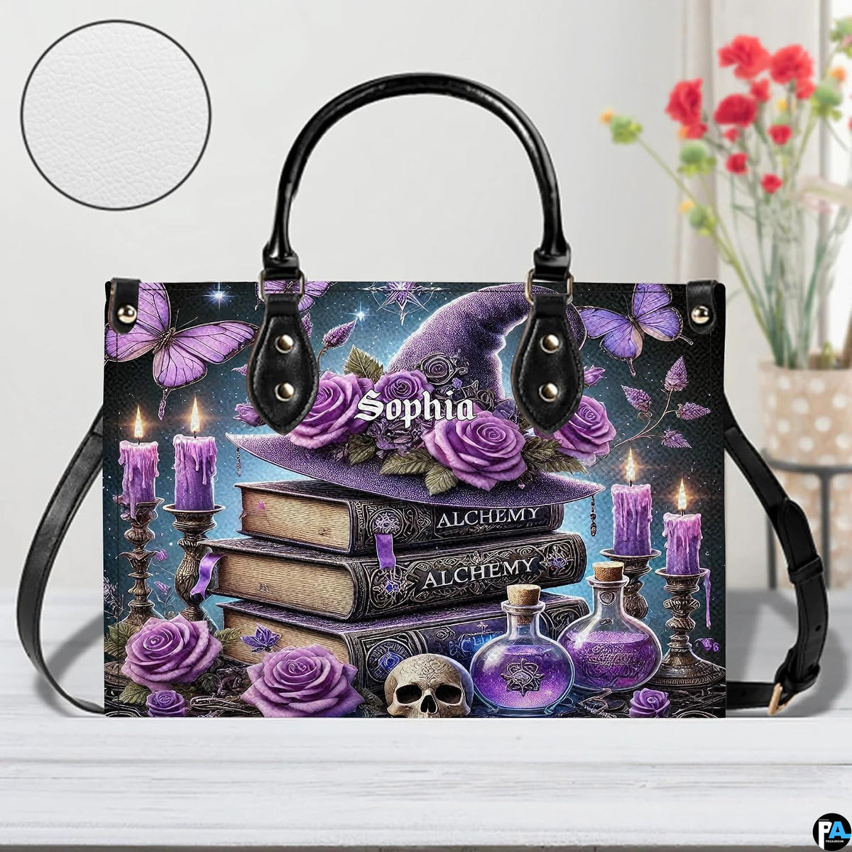 Gothic handbag beside floral vase with circular texture detail showing surface grain.