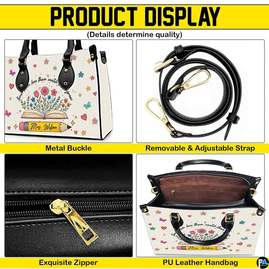 Lifestyle model display showing the botanical teacher handbag carried over the shoulder.