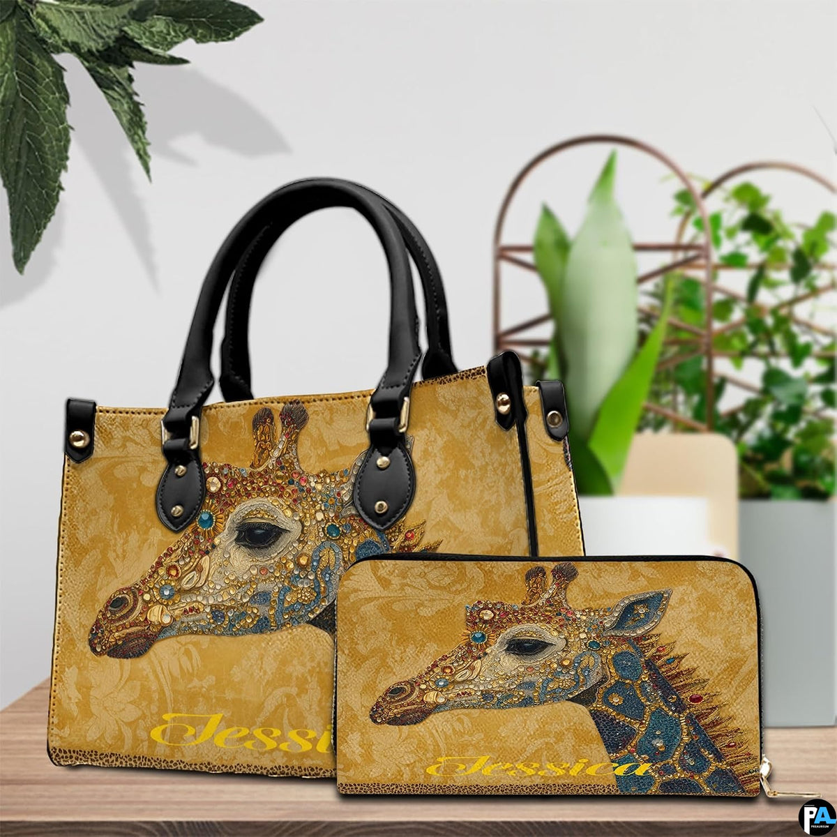 Top down view of ornate giraffe handbag displaying zipper closure.