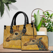 Top down view of ornate giraffe handbag displaying zipper closure.