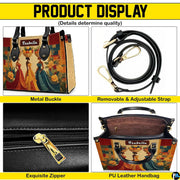 Top-down view displaying internal storage compartments and organized lining inside the handbag.