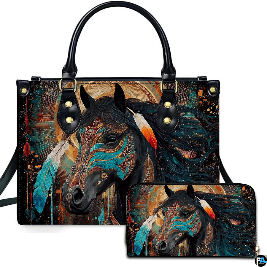 Tribal horse art showing a black stallion adorned by turquoise paint markings beside companion accessories.