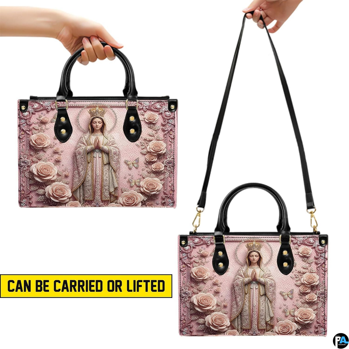 Side profile view of structured floral Madonna handbag showing silhouette and contrast trim