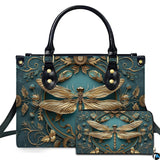 Embossed Metallic Gold Dragonfly Botanical Handbag and Wallet Set