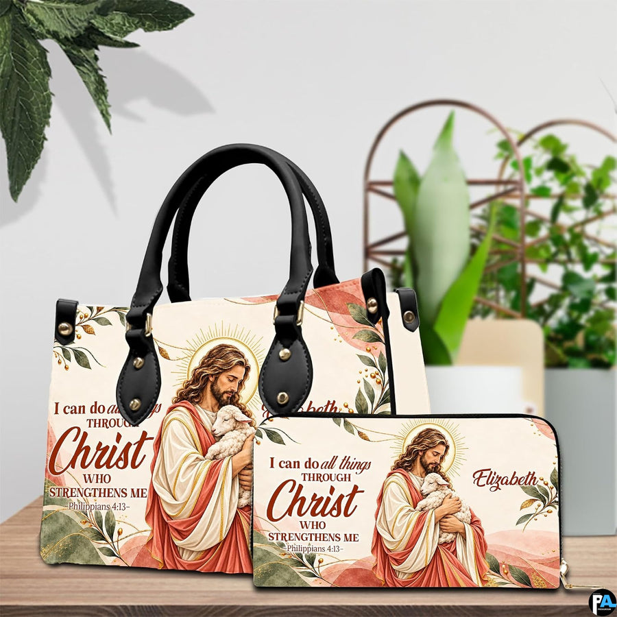 Good Shepherd handbag and wallet displayed on wooden table beside potted plant.
