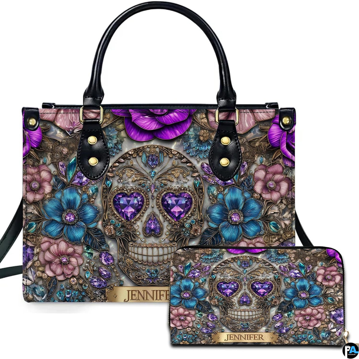 Gothic jeweled baroque skull floral handbag and matching wallet set on white background.