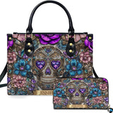 Gothic Jeweled Baroque Skull Floral Handbag and Matching Wallet Set