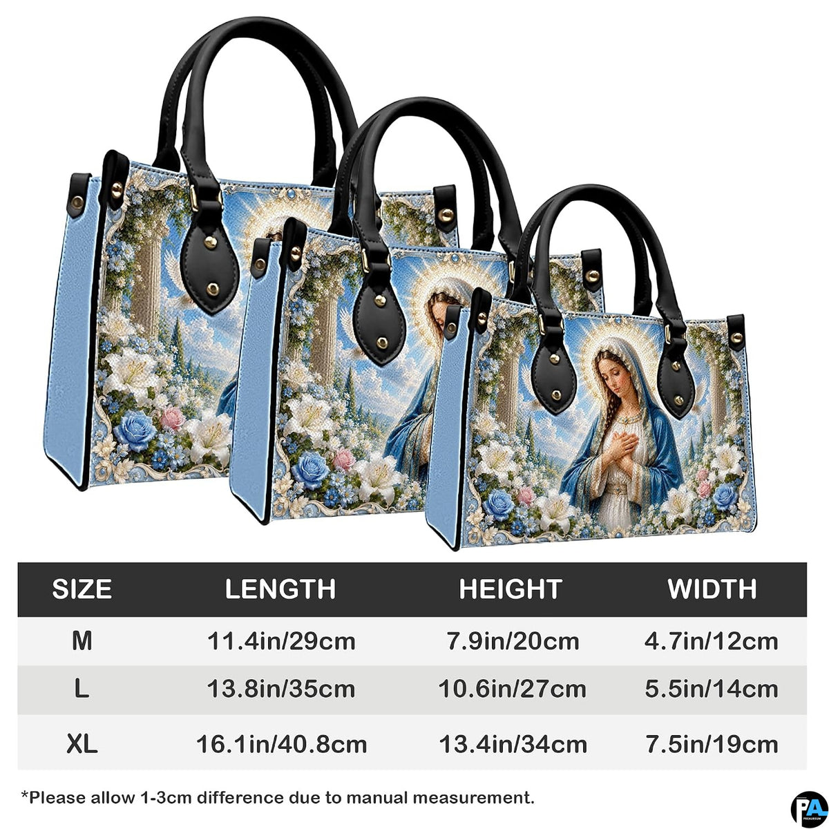 Size reference chart showing medium, large, and extra-large handbag dimensions