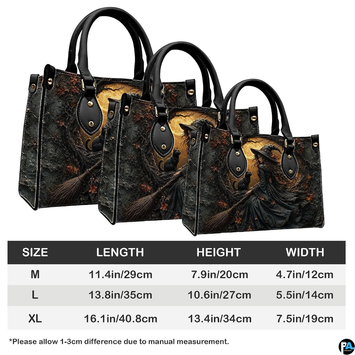 Proportional scale chart demonstrating medium, large, and extra-large silhouettes for the accessory.