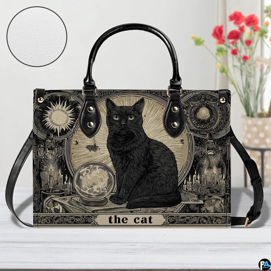 Direct studio view of black cat tarot card art illustration showing circular surface inset.