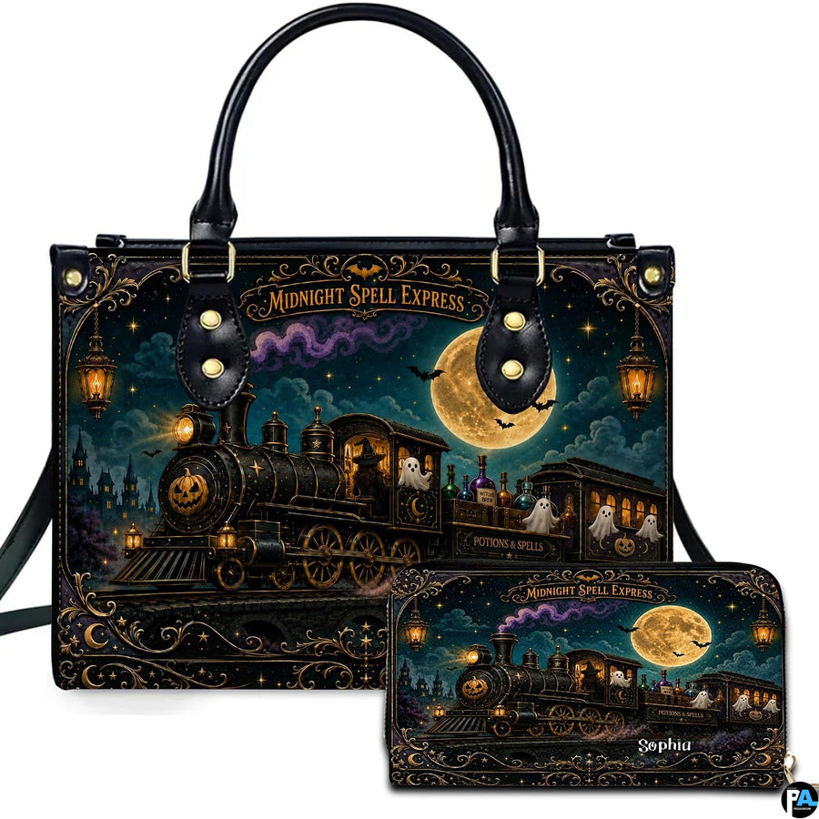 Ghost train art featuring a steam locomotive and apparitions presented across an accessory pairing.